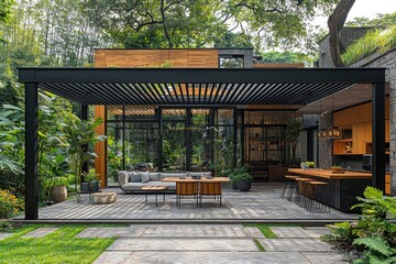 Modern patio with pergola, outdoor kitchen, and lush garden