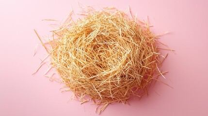 Fototapeta premium Close-up of a straw nest on a soft pink background, ideal for nature-themed projects