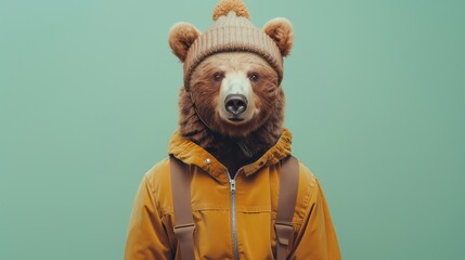 A young bear is dressed in a yellow raincoat and a brown beanie hat with a pom-pom. The bear is looking at the camera with a curious expression.