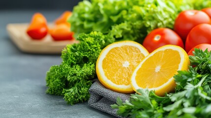 Fresh vegetables and fruits kitchen counter food photography bright environment close-up view healthy eating concept