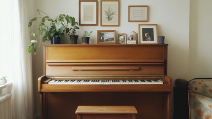 An upright piano with a wooden finish, placed in a cozy living room adorned with a small potted plant and framed pictures on top, exuding a homely charm.