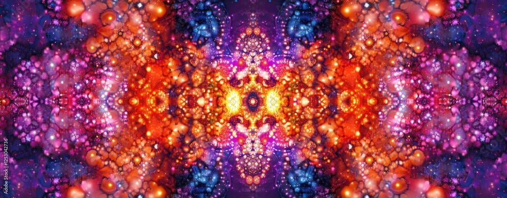 Poster Vibrant Abstract Pattern with Colorful Bubbles and Bright Light Rays in Deep Purple Background