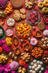 Variety of colorful and decorative sweets, including classics like gulab jamun and kulfi, common in Indian festivals such as Diwali.