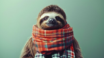 Fototapeta premium A studio portrait of a sloth wearing a red and green plaid scarf. The sloth is looking at the camera with a slightly puzzled expression.