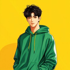 Young male character in a green hoodie against a bright yellow background showcasing a modern and stylish look