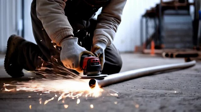 Worker Using Angle Grinder in Workshop