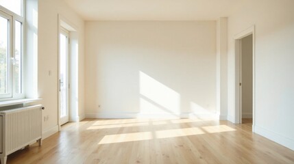 Bright Sunlight Illuminates an Empty Room with Light Hardwood Floors and White Walls, Ready for Interior Design and Home Furnishing