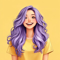 Fototapeta premium Cheerful Woman with Long Purple Hair Smiling in a Bright Yellow Background for Vibrant Creative Projects