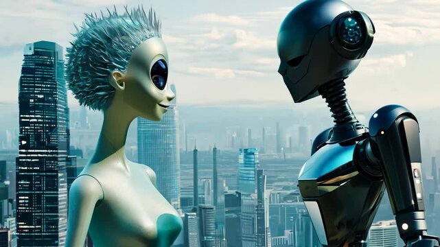 Friendly alien and robot meeting with futuristic cityscape in background