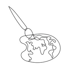Continuous one line art drawing of painting brush and painting color palette for world art day symbol,