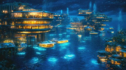 Illuminated aquatic city, nighttime scene, futuristic architecture.