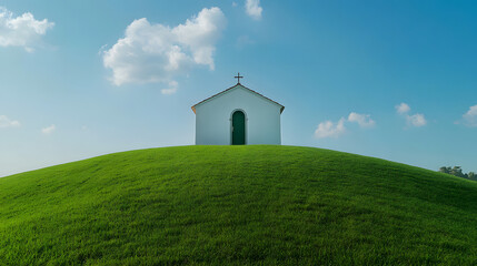 Fototapeta premium Idyllic chapel in Tuscany with green grass and blue sky 