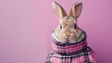 Fototapeta premium **A cute rabbit wearing a pink and gray plaid scarf is looking at the camera with a curious expression on its face.