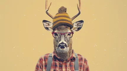  A hipster deer wearing a beanie and glasses is looking at the camera. The deer is standing in a field of wheat. © Galib