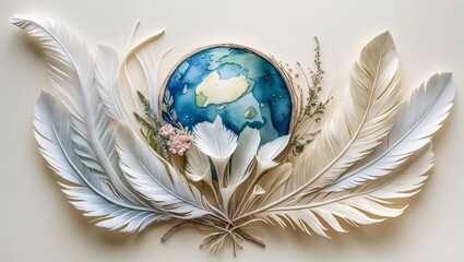 Intricately crafted wall art featuring a vibrant Earth surrounded by elegant white feathers and delicate floral accents, showcasing artistry and nature's beauty