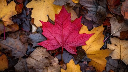 Autumn's Crimson Jewel: A Single Maple Leaf Amidst a Tapestry of Fall Colors