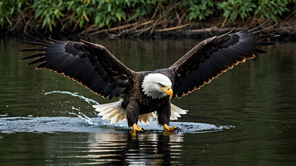 Fototapeta premium Majestic Bald Eagle Catching Fish in Pristine Lake. Generative AI