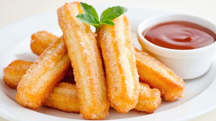 Sweet churros with chocolate sauce, dessert, food photography