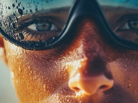 A close-up image of a woman wearing goggles, with water droplets on her face and sweat on her forehead, suggesting she has just completed an intense swim workout.