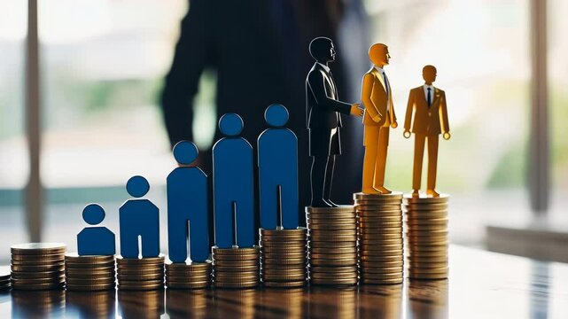 Paper people standing on a coin stacks. Insightful Analysis of Investment. Business Metrics, Performance Trends. Visual representation shows growth, success, achievement. Income gap. Market recovery