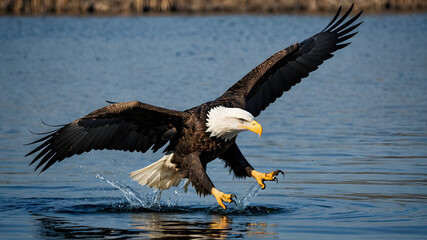 Obraz premium Majestic Bald Eagle Catching Fish in Pristine Lake. Generative AI