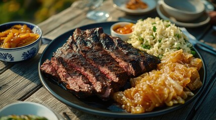 A plated meal featuring a succulent grilled steak and a variety of accompanying barbecue sides, including potatoes, cabbage, and cornbread.