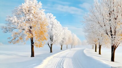 Snowy Winter Landscape with Frosty Trees and Pathway