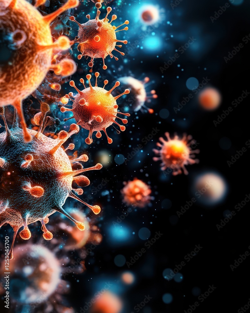 Aufkleber Vibrant Close-Up of Colorful Viruses with Detailed Structures in a Dark Background for Scientific Backgrounds