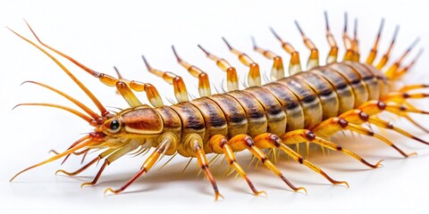 Obraz premium Macro Close-up of House Centipede Isolated on White Background