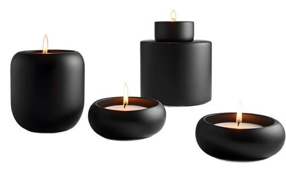 A set of minimalist decorative candle holders in matte black on a empty plain background