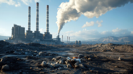 desolate industrial wasteland with towering smokestacks releasing smoke into sky, surrounded by debris and pollution. scene evokes sense of environmental neglect and industrial decay