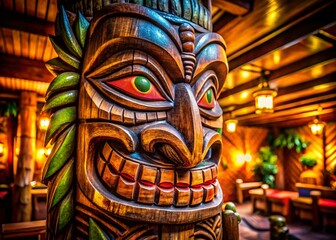 Obraz premium Macro Close-up of Tropical Tiki Bar Emblem - Polynesian Cocktail Decor Detail