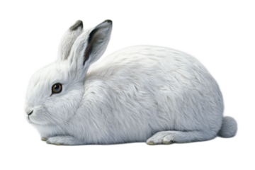 A white rabbit is laying down on a transparent background