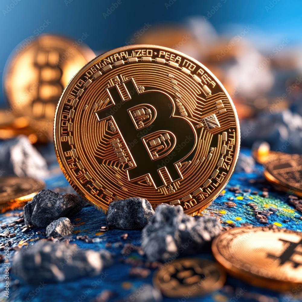 Poster Golden Bitcoin Coins Displayed on a Surface Surrounded by Rocks and Pebbles with Blurred Background
