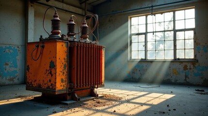 Sunbeams Illuminate Rusty Industrial Transformer in Abandoned Factory