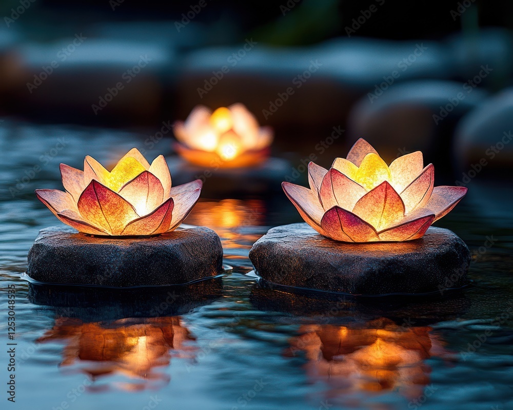Poster serene water lanterns floating on calm water with soft glowing light at dusk around stone pebbles