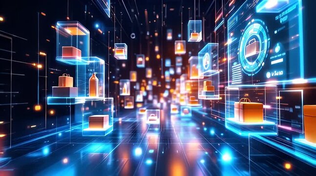 Digital retail, products floating in cyberspace, online shopping, future commerce