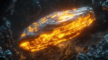 Glowing, dark object amidst fiery space rocks.