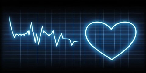 Naklejka premium Blue Neon Heartbeat Line on a Dark EKG, Electrocardiogram, Showing Loss and End of Life.