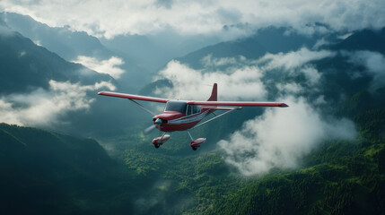Naklejka premium red airplane flying over lush green mountains and clouds, showcasing breathtaking aerial view of nature beauty