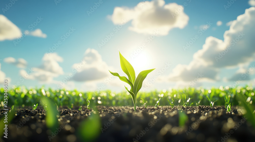 Wall mural young green plant emerging from soil under bright sky, symbolizing growth and renewal. vibrant scene captures essence of nature beauty and potential