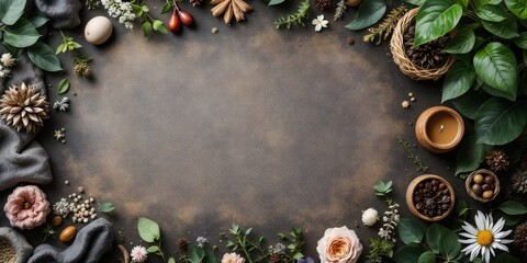 Serene Arrangement of Natural Elements: Flowers, Foliage, and Pebbles