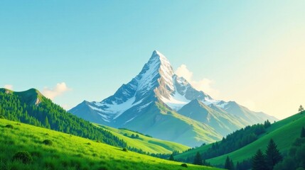 Majestic Snow-Capped Peak Rising Above Lush Verdant Valley Under a Clear Sky