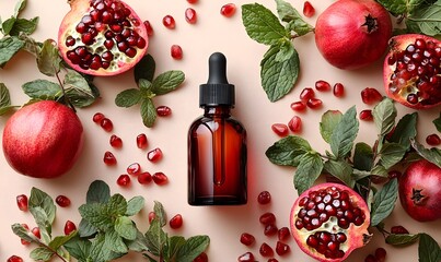 Facial serum featuring vibrant pomegranate and eucalyptus leaves, Generative AI