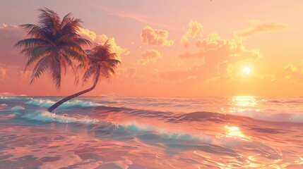 Amazing sunset over the ocean. The warm colors of the sky and the gentle waves create a peaceful and relaxing scene.