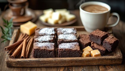 Fototapeta premium Chocolate brownies with powdered sugar, caramel, cinnamon, and coffee on wooden tray
