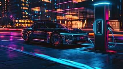 Sleek electric car charging, city night backdrop.