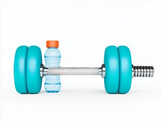 Obraz premium Teal Dumbbells With Water Bottle On White Background