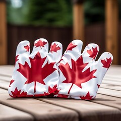 A close-up of a pair of red and white gloves with maple leaf designs, resting on a wooden table with a Canadian flag in the background, celebrating Canada Day.