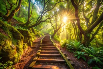 Fototapeta premium Madeira Hiking Trail: Wooden Stairs Ascending through Lush Laurel Forest